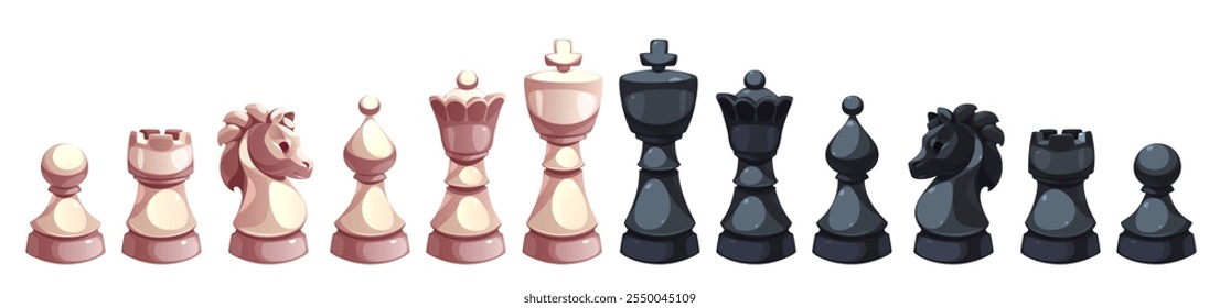 Pawn, König und Königin Schach Stück Cartoon. Isolierte Spiel Grafik-Set mit Pferd und Bischof Figur Symbol für Schachbrett-Serie. Nettes Zubehör für Strategiespiel. Erholungselement