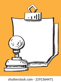 Pawn,  paper clip binder and paper sheets (pages) which can be used for  note writing or drawing. Hand drawn, sketch style drawing.
