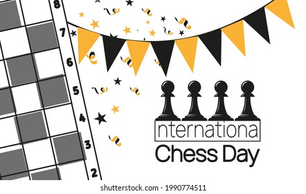 Pawn Pieces in Chess Board against white background. International Chess Day vector banner template.