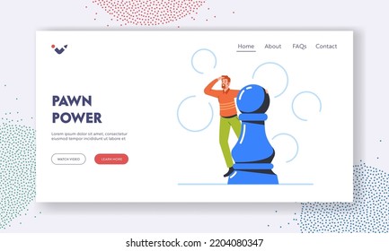 Pawn Power Landing Page Template. Businessman with Chess Figure. Business Planning, Success, Leadership Metaphor, Strategic Thinking, Challenge and Opportunities Concept. Cartoon Vector Illustration