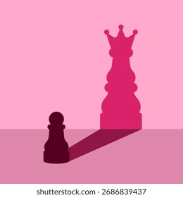 Peão com peças de xadrez sombra rainha. Ambição e motivação. Confiança e a crença no potencial pessoal. Sonho de grande ideia. Crescimento próprio, sucesso e vitória nos negócios. Ilustração vetorial.