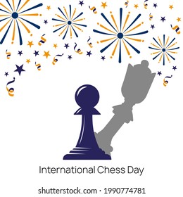 Pawn with Shadow of Queen Piece against white background. International Chess Day vector banner template.