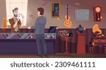 Pawn shop background. Cartoon shop interior room with jewelry items and expensive items exact vector template