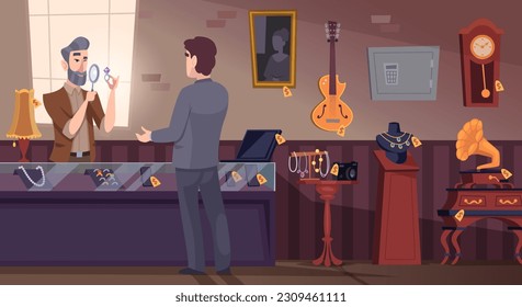 Pawn shop background. Cartoon shop interior room with jewelry items and expensive items exact vector template