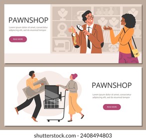 Pawn shop banners or flyers depicting customers purchasing pawned items at a low price, flat vector illustration. Pawn shop advertising banners templates.