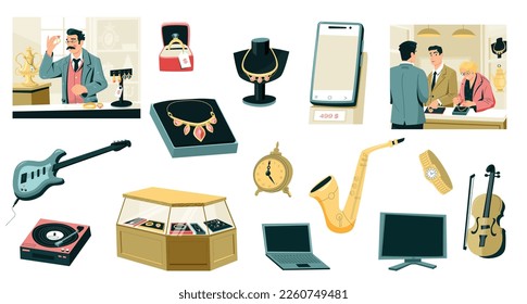 Pawn shop collection. Cartoon pawnbroker sells jewelry collection to customer, store interior with valuable things and antiques, gems for collateral. Vector set of pawnbroker and pawnshop illustration