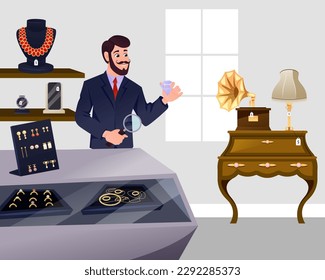 Pawn shop collection. Cartoon pawnbroker sells jewelry collection to customer, store interior. Pawnshop services. Customers Buy and Sell Precious Metals Jewels