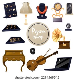 Pawn shop collection. Cartoon pawnbroker sells jewelry collection to customer, store interior. Pawnshop services. Customers Buy and Sell Precious Metals Jewels