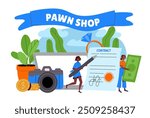 Pawn shop concept. Characters sell and buy old electrical equipment at second hand store. People with contract and agreement. Flat vector illustration isolated on white background