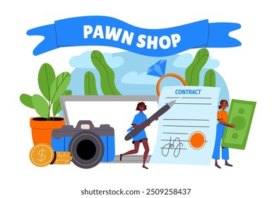 Pawn shop concept. Characters sell and buy old electrical equipment at second hand store. People with contract and agreement. Flat vector illustration isolated on white background