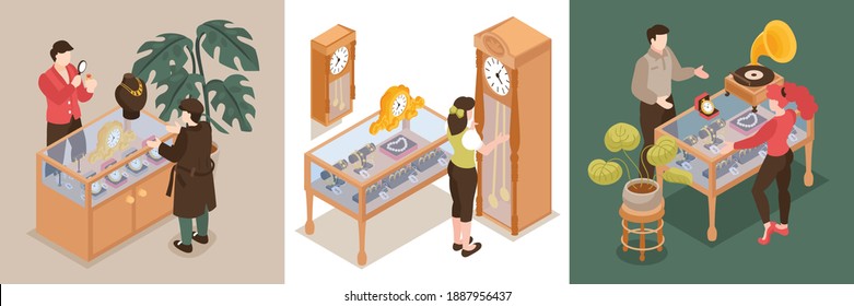 Pawn shop design concept set of three square compositions with pawnbrokers and customers buying or selling precious things vector illustration