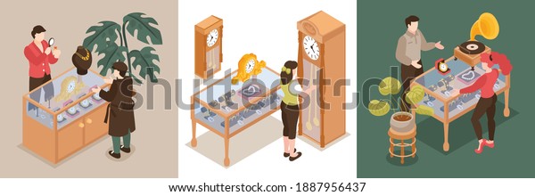 Pawn shop design concept set of three square\
compositions with pawnbrokers and customers buying or selling\
precious things vector\
illustration
