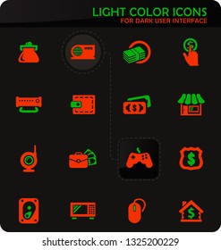 Pawn shop easy color vector icons on dark background for user interface design