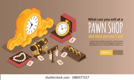 Pawn shop horizontal web banner offering valuable items which we can sell or pawn isometric vector illustration