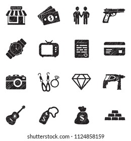 Pawn Shop Icons. Black Scribble Design. Vector Illustration.