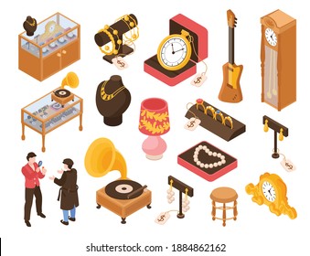 Pawn shop isometric color set of valuable personal things jewelry and antiques isolated on white background vector illustration