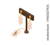 Pawn shop isometric composition with isolated image of cluster shaped ear rings on stand with price tag vector illustration