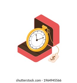 Pawn shop isometric composition with isolated image of vintage watches in case with price tag vector illustration