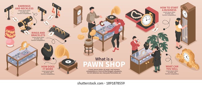 Pawn shop isometric infographics layout with images of valuable items and information about how to start business vector illustration