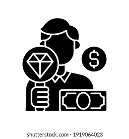 Pawnbroker black glyph icon. Lending money in exchange for personal property. Pledge and pawn. Offering secured loans to people. Silhouette symbol on white space. Vector isolated illustration