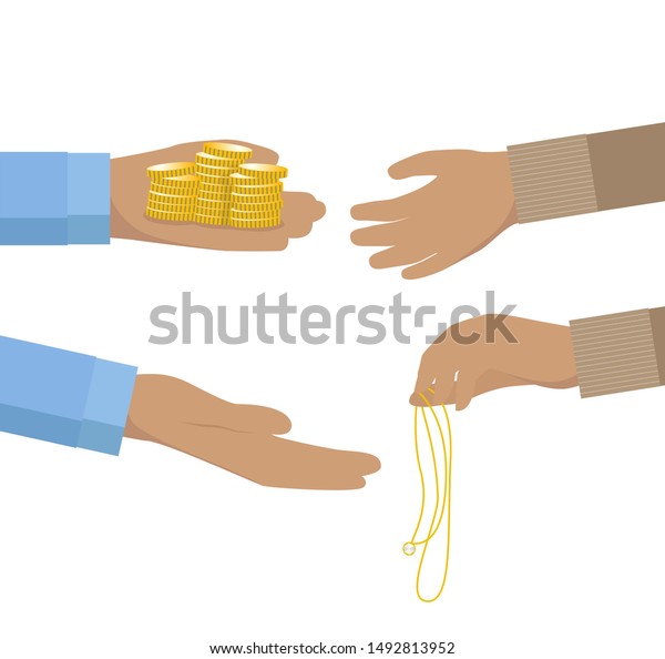 Pawnbroker hand holding pile of\
coins and giving it to a person pawning jewelry flat icon\
design