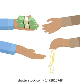 Pawnbroker hand holding pile of notes and giving it to a person pawning jewelry flat icon design