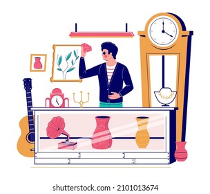 Pawnbroker, Jeweller Looking At Luxury Diamond Gemstone Standing At Display Counter With Antique Vases, Gramophone, Flat Vector Illustration. Pawn Shop Services.