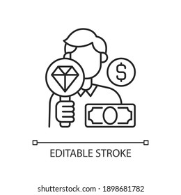 Pawnbroker linear icon. Lending money in exchange for personal property. Pledge and pawn. Thin line customizable illustration. Contour symbol. Vector isolated outline drawing. Editable stroke