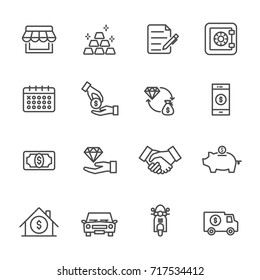 Pawnbroker, pawn shop icons set, Vector illustration of thin line icons for business, banking