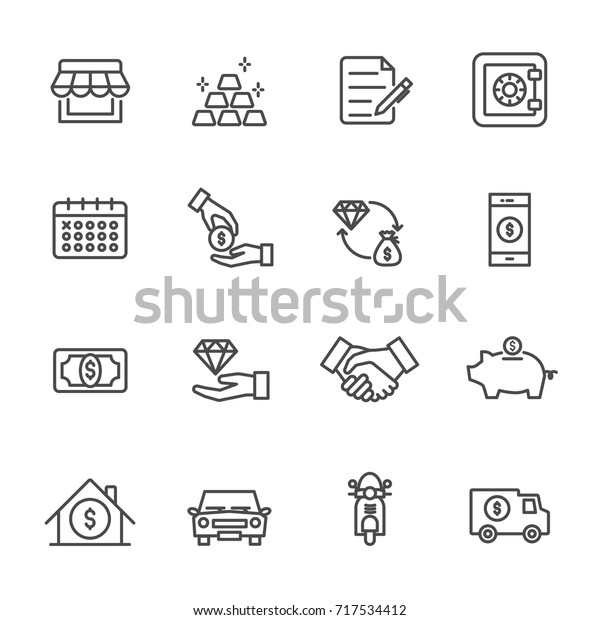 Pawnbroker, pawn shop icons set, Vector\
illustration of thin line icons for business,\
banking