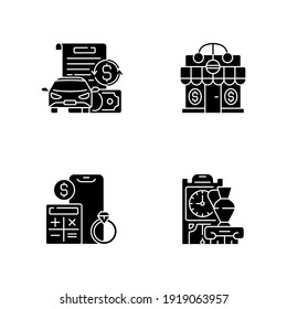 Pawnbroker shop black glyph icons set on white space. Vehicle title loan. Pawnshop. Price calculation. Antiques. Vehicle value. Loaning money business. Silhouette symbols. Vector isolated illustration