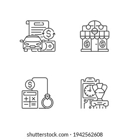 Pawnbroker shop linear icons set. Vehicle title loan. Pawnshop. Price calculation. Antiques. Customizable thin line contour symbols. Isolated vector outline illustrations. Editable stroke