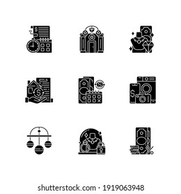 Pawnbrokery black glyph icons set on white space. Time limit. Upscale pawnshops. Product valuable. Collateral. Regular payments. Pledge safety. Silhouette symbols. Vector isolated illustration