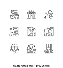 Pawnbrokery linear icons set. Time limit. Upscale pawnshops. Product valuable. Collateral. Pledge safety. Customizable thin line contour symbols. Isolated vector outline illustrations. Editable stroke