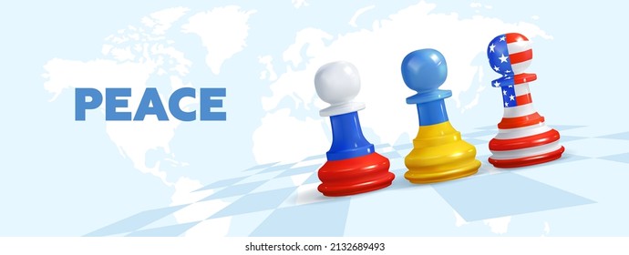 Pawns with flags of ukraine, russia and united states. Chess is a metaphor for conflict. peace. Realistic vector illustration