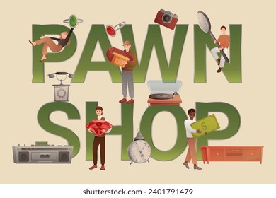 Pawnshop banner, poster design. Tiny people buy and sell antique or jewelry in store of pawnbroker, holding expensive item and magnifying glass near text of Pawn shop, cartoon vector illustration