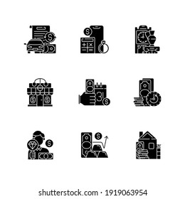 Pawnshop black glyph icons set on white space. Vehicle title loan. Price calculation. Antique furniture. Loaning money business. Short-term borrowing. Silhouette symbols. Vector isolated illustration