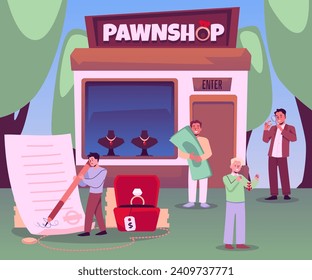 Pawnshop building and client man with money. Cartoon vector illustration of exchange, evaluating business service. Customer buy or sell second hand jewelry, signs the document and get cash