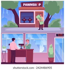 Pawnshop building and client man with money on cityscape. Pawnshop expert appraiser looking at golden necklace. Cartoon vector illustrations set of exchange business service