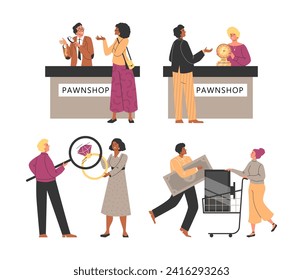 Pawnshop characters set of buyers and pawnbrokers, flat vector illustration isolated on white background. Lend money at interest on security of article pawned.