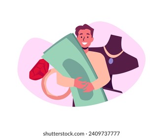 Pawnshop client man with money and jewelry. Golden necklace and ring with red gemstone. Cartoon vector illustration of Pawnshop business service concept. Customer buy or sell jewelry and get cash