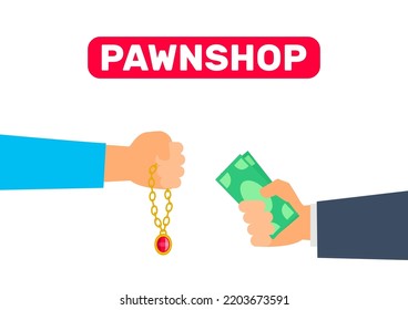 pawnshop concept hands holding money and golden jewellery chain with pendant vector illustration