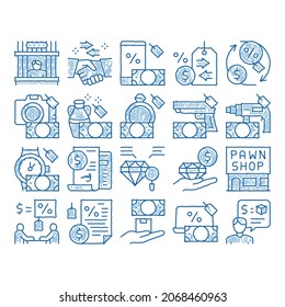 Pawnshop Exchange sketch icon vector. Hand drawn blue doodle line art Pawnshop Building And Handshake, Laptop And Phone, Photo Camera And Jewelry Stone Illustrations