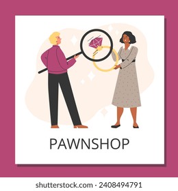 Pawnshop expert appraiser looking at golden ring with a diamond, expensive jewelry valuable thing under magnifying glass. Cartoon vector illustration of exchange business service poster