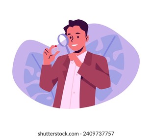 Pawnshop expert appraiser looking at golden ring with a red gemstone, expensive jewelry valuable thing under magnifying glass. Vector illustration of evaluating business service on floral background