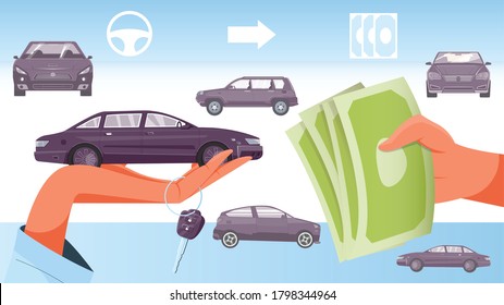 Pawnshop flat background with cars and human hands holding keys and cash vector illustration