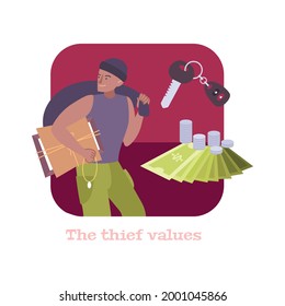 Pawnshop flat composition with character of thief money and car key vector illustration