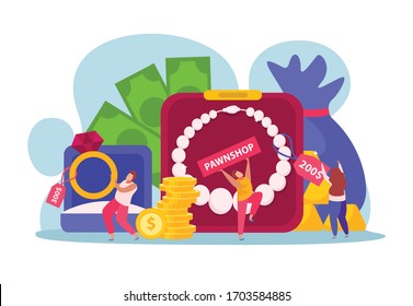 Pawnshop flat composition with characters of happy people near money banknotes and coins with jewelry items vector illustration