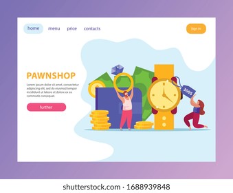 Pawnshop flat composition with web site page design clickable buttons links editable text and pawn images vector illustration