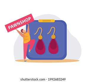 Pawnshop flat icon with pair of earrings and happy doodle character vector illustration